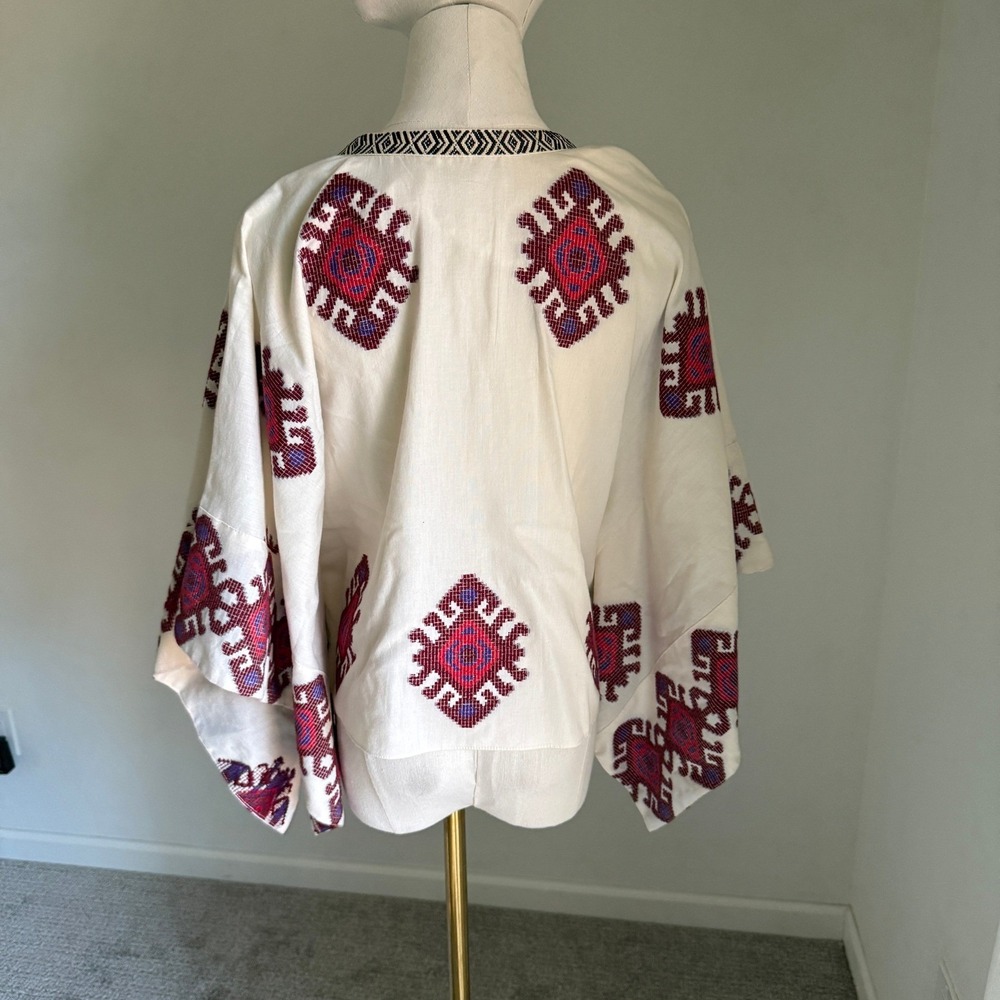 Johanna Ortiz Bushveld Poncho Embroidered Fabric Tassels Cream Size M - Picture 7 of 10
